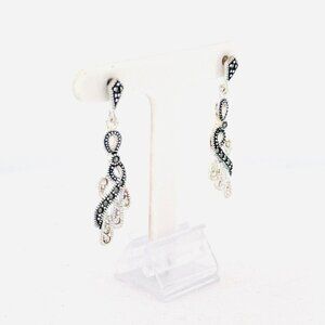 Estate Sterling Silver 925 Marcasite & CZ Drop Dangle Earrings, 4.03g, Push Back
